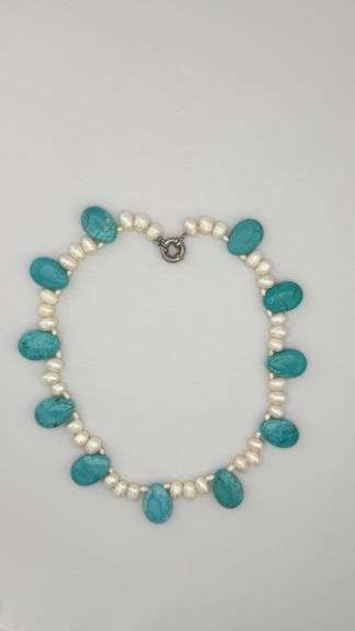 925 Sterling Silver Turquoise And Pearl Necklace