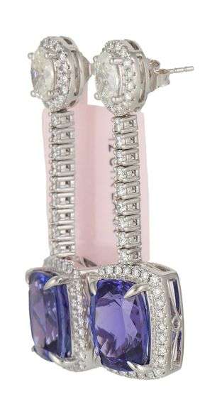 New 13.10ctw Cushion Tanzanite and 3.19ctw Diamond Frame Dangle Earrings in 14K