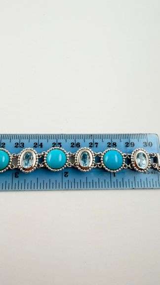 925 Sterling Silver EA Signed Turquoise and Blue Topaz Bracelet