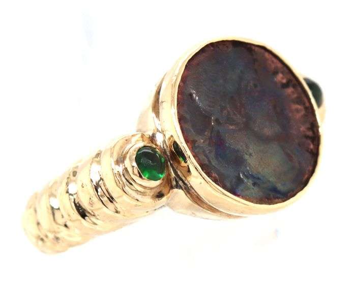 14kt Yellow gold Coin and green tourmaline cab ring