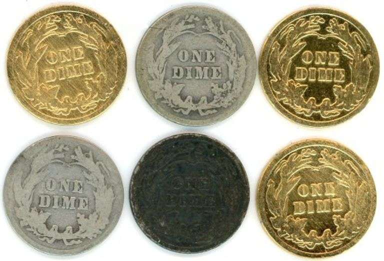 6 Assorted Barber Silver Dimes: 1911-1916