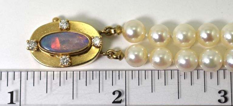 Pearl Bracelet with Stunning Opal and Diamond 14K Clasp