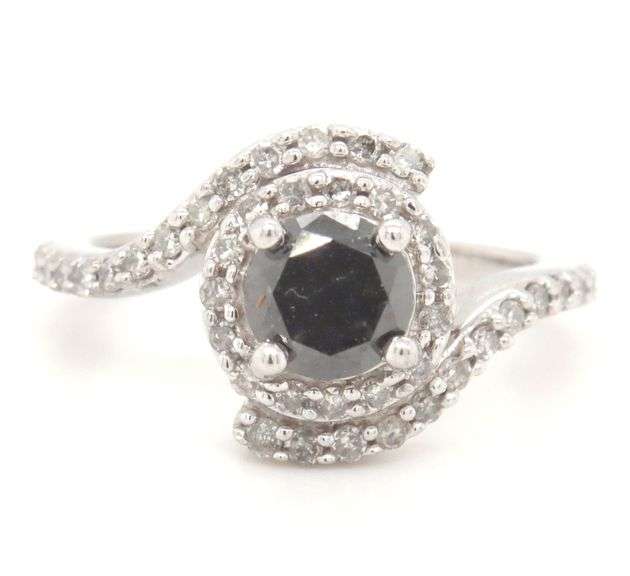 10kt White gold black and white diamond crossover ring