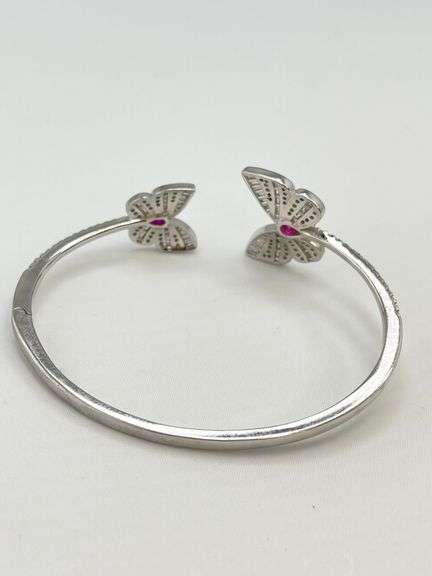 925 Sterling Silver Stunning Twin Butterfly Cuff With Baguette And Round Rhinestone Cuff Bracelet