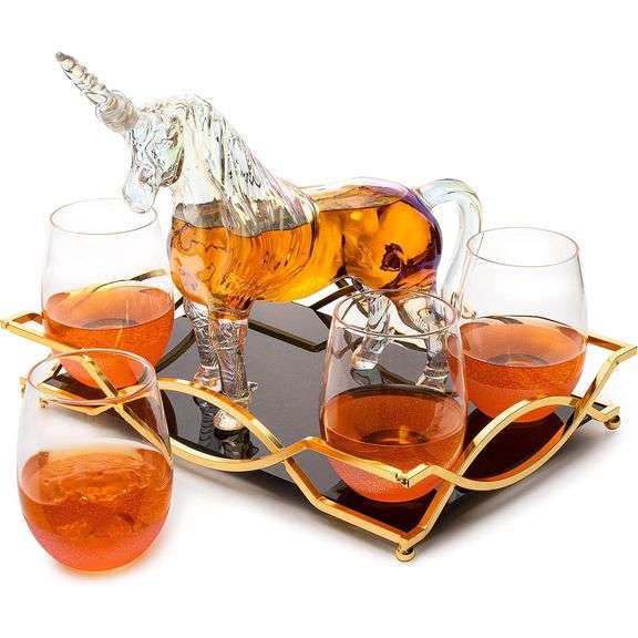 Unicorn Wine & Whiskey Decanter Set with 4 Pink Sparkle Glasses