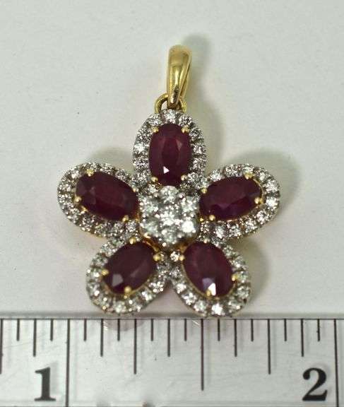 Stunning 14K Yellow Gold Ruby and Diamond Flower Pendant