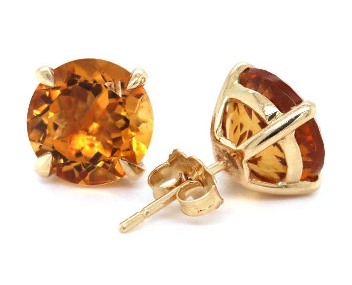 14kt Yellow gold round brilliant cut citrine earrings