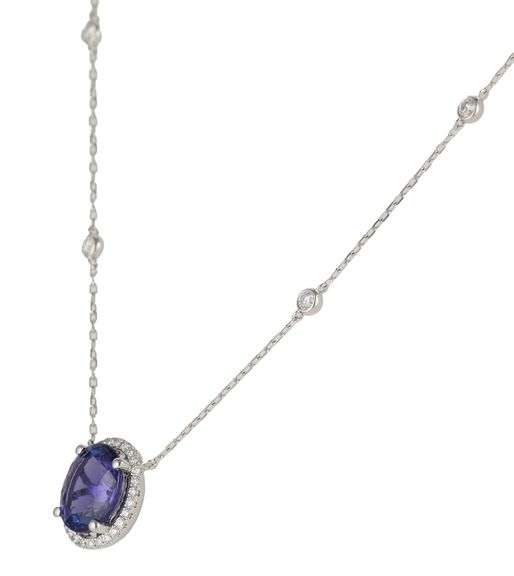 New 4.14ct Oval Tanzanite and 0.60ctw Diamond Frame Pendant Necklace in 14K