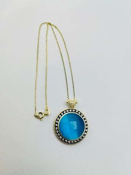 925 Sterling Silver Round Blue Pendant With Crystal Pave Details and Chain