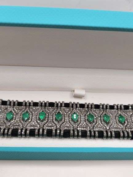New! +10 ctw all natural emerald and diamond  weaved on fabric bracelet