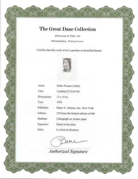 Exclusive Limited Edition Pablo Picasso Lithograph "Le Gout du Bonheur", 1970