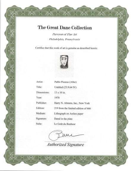 Exclusive Limited Edition Pablo Picasso Lithograph "Le Gout du Bonheur", 1970