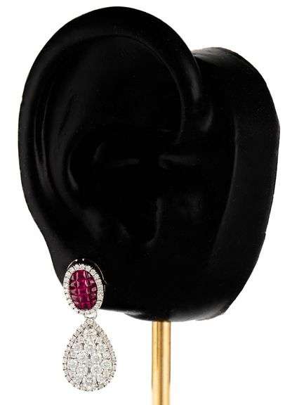 1.18ctw Rubies and 1.75ctw Diamond Pear Shaped Cluster Frame Drop Earrings in 14K