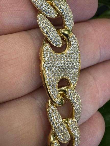 Gold Plated 925 Sterling Silver CZ Encrusted Figaro Mariner Bracelet 14.5mm New 8"