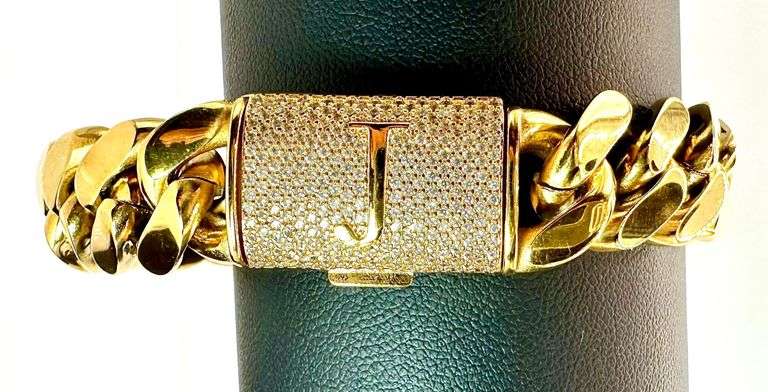 Sparkling 14 Kt Gold Plate 74.6 Grams Monogramed Initial "J" Curb Link Bracelet