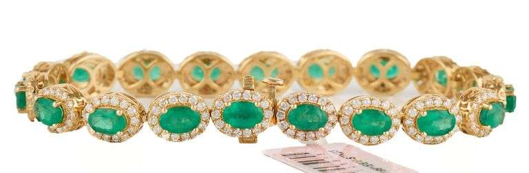 New 7.75ctw Oval Emeralds and 2.60ctw Diamond Frame Tennis Bracelet in 14K