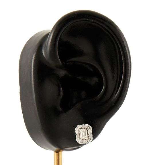 New 0.87ctw Emerald and Round Cut Diamond Frame Stud Earrings in 14K