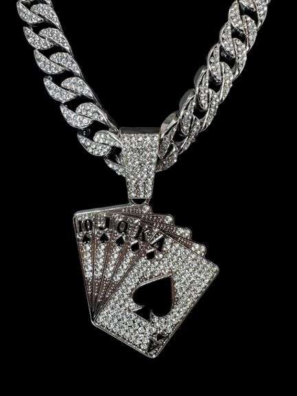 Dazzling Huge 167 Gram 18 Kt White Gold Plate Royal Flush Necklace Pendant
