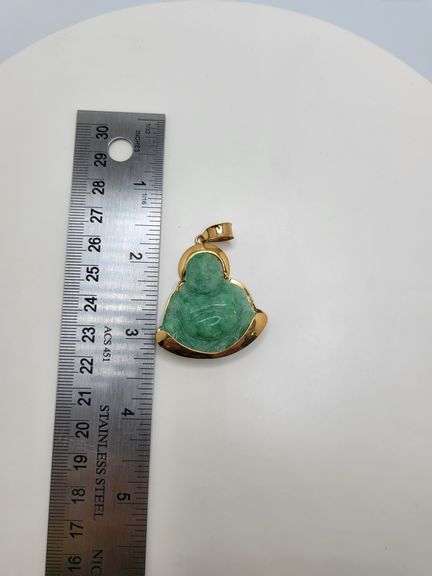Antique 14KT Yellow Gold Hand Carved Jade Buddha Pendant