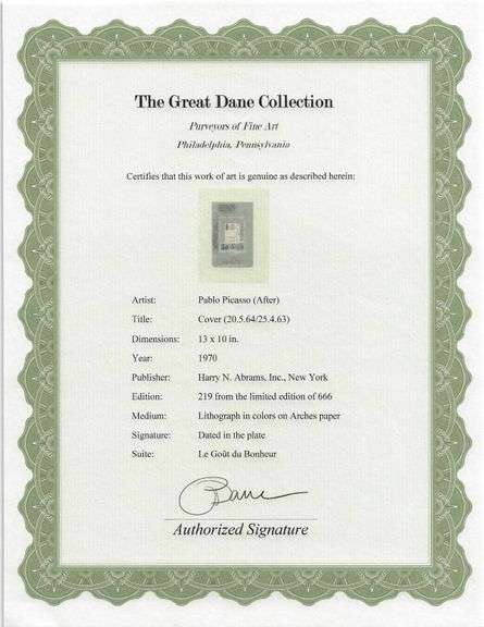 Exclusive Limited Edition Pablo Picasso Lithograph "Le Gout du Bonheur", 1970