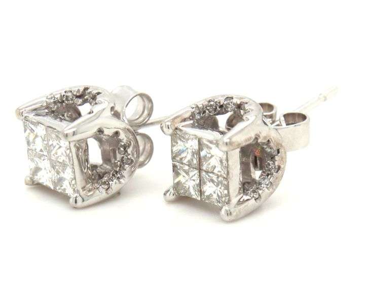 14kt White gold 1.20ctw invisible set diamond under halo stud earrings