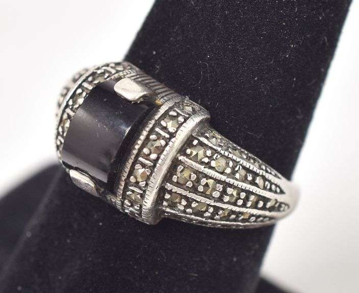 Black Onyx and Marcasite Gemstone Ring in Sterling Silver