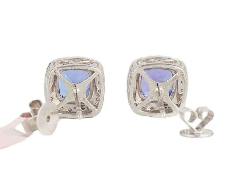 New 1.09ctw Cushion Tanzanite and 0.32ctw Diamond Frame Stud Earrings in 14K