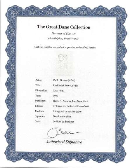 Exclusive Limited Edition Pablo Picasso Lithograph "Le Gout du Bonheur", 1970