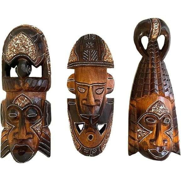 Set of 3 Hand-Carved African Wooden Tiki Masks