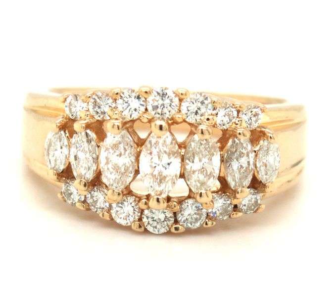 14kt Yellow gold 1ctw marquise and round brilliant cut 3 row diamond band