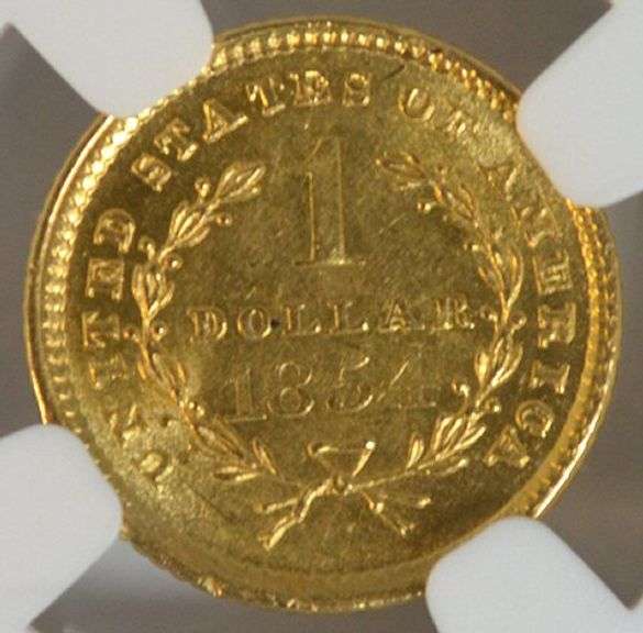 Very Choice BU 1854 Type One $1 Gold Piece. NGC MS63