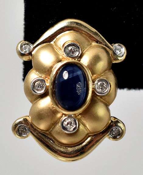 Interesting 14K Yellow Gold Blue Sapphire Gemstone Dangle Earrings with Diamond Accents