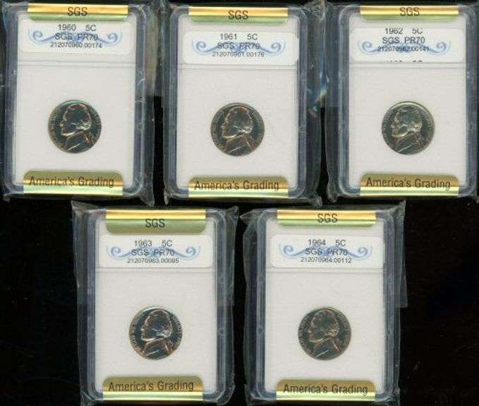 Run of 5 High Grade Proof Jefferson Nickels in Holders: 1960-1964