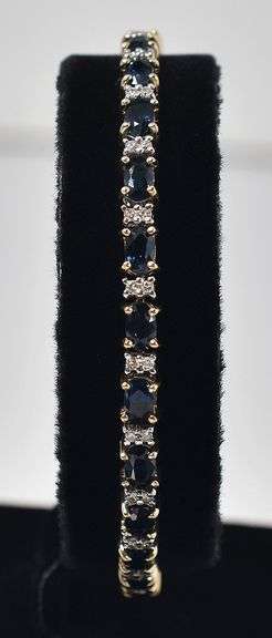 Fancy 14K Yellow Gold Blue Sapphire Gemstone and Diamond Tennis Bracelet