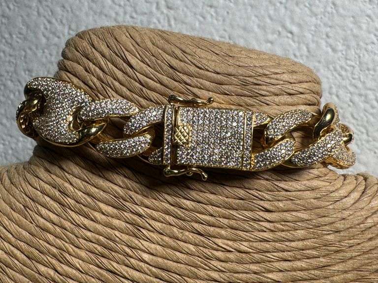 Gold Plated 925 Sterling Silver CZ Encrusted Figaro Mariner Bracelet 14.5mm New 8"