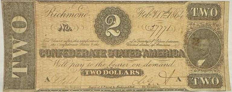 $2 Circulated Feb 17 1864 Series Confederate States Note