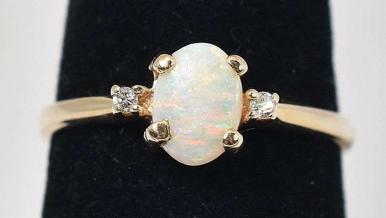 Angelic 14K Yellow Gold Opal Gemstone and Diamond Ring