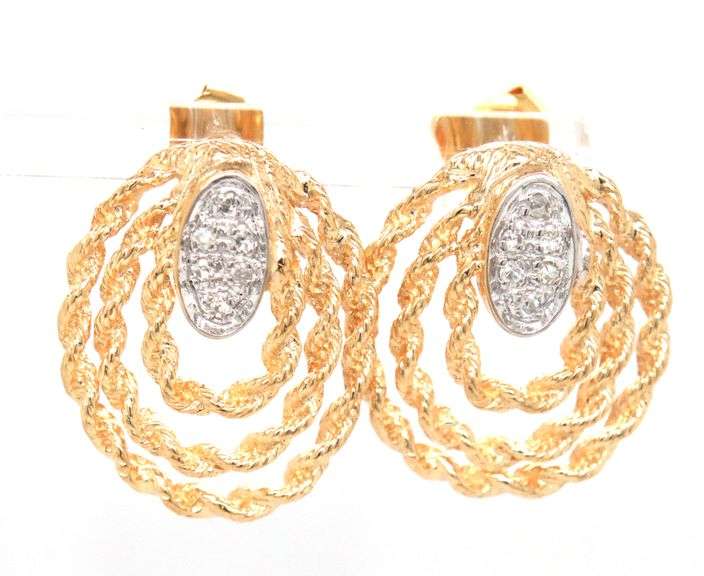 14kt Yellow gold Triple row twisted rope diamond accent earrings