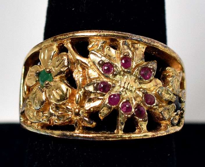 Ruby, Emerald and Sapphire Gemstone Ring in Vermeil Sterling Silver