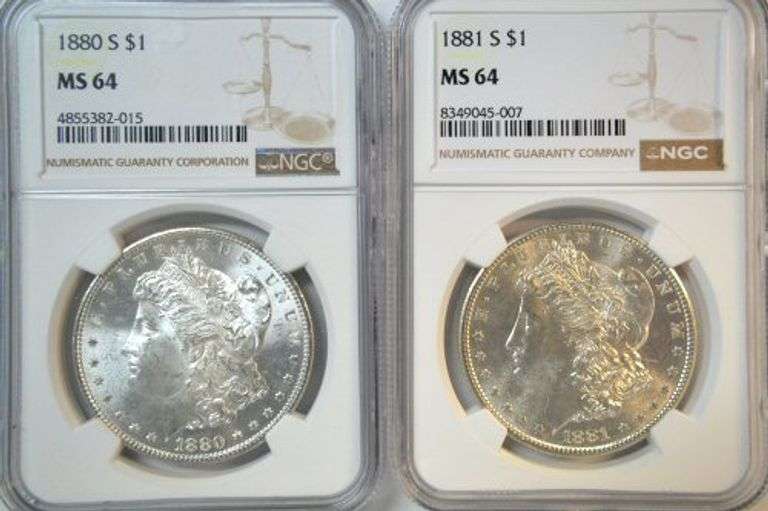 Flashy nearly Gem BU 1880-S & 1881-S Morgan Silver Dollars. NGC MS64's