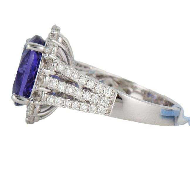 New 4.50ct Oval Tanzanite and 1.45ctw Diamond Frame Triple Shank Ring in 14K