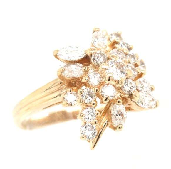 14kt Yellow gold 1ctw marquise and RBC diamond cluster ring