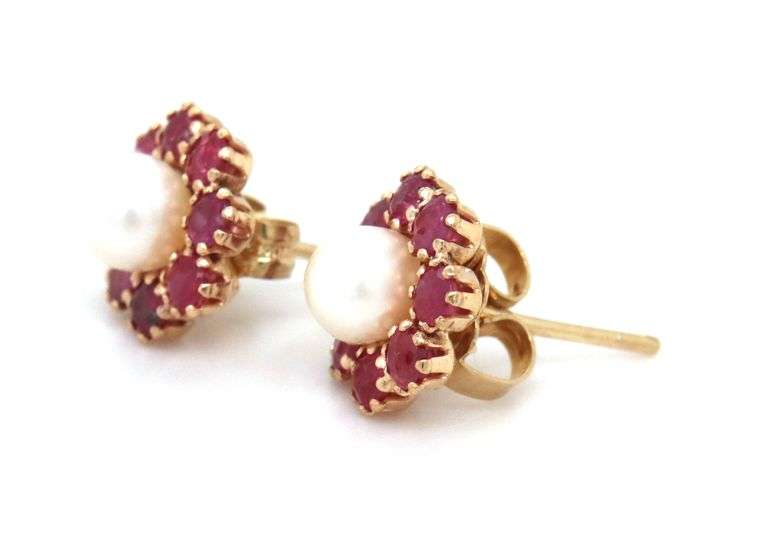 14kt Yellow gold pearl ruby jacket stud earrings