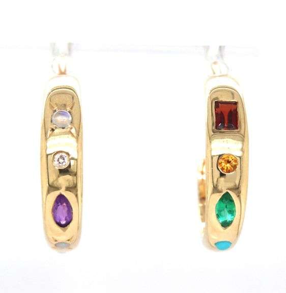 14kt Yellow gold multi gemstone hoop earrings
