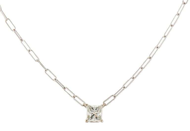 1.01ct Princess Cut Diamond Solitaire Paperclip Chain Necklace in 14K