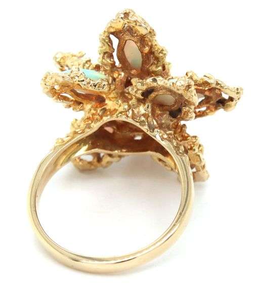 14kt Yellow gold marquise opal and diamond cluster flower ring