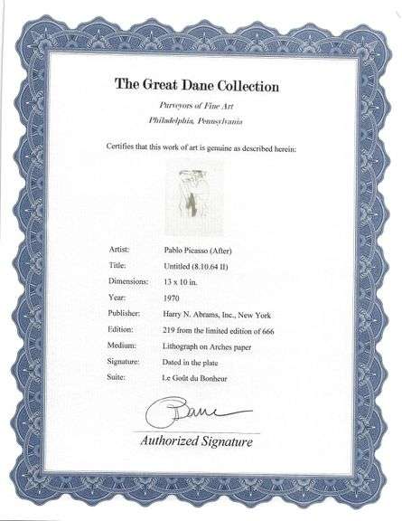 Exclusive Limited Edition Pablo Picasso Lithograph "Le Gout du Bonheur", 1970