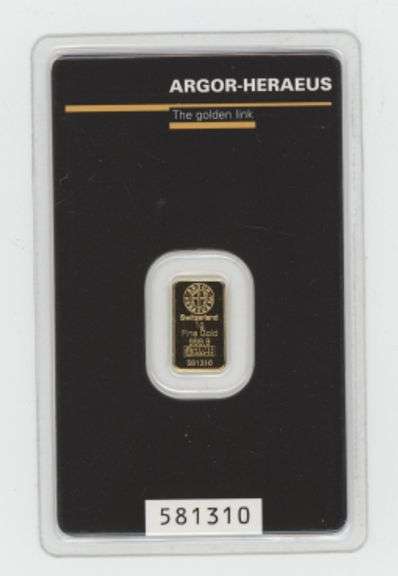 Swiss made Argor-Heraeus pure .9999 fine gold 1 gram bar. Unique Serial Number