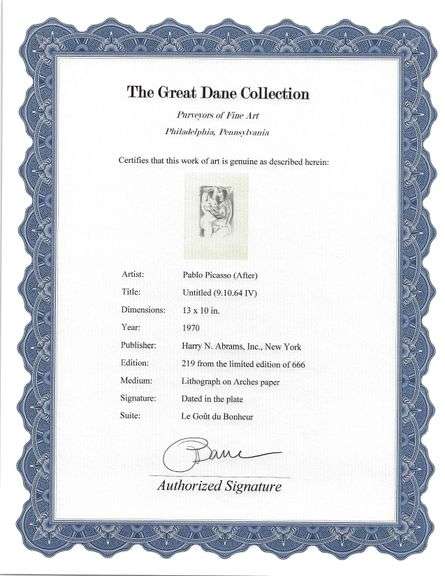 Exclusive Limited Edition Pablo Picasso Lithograph "Le Gout du Bonheur", 1970