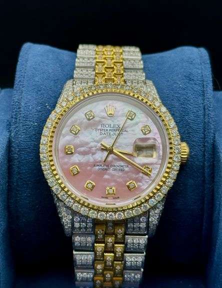 New Custom Iced Out Two-tone Bustdown Rolex Datejust 36mm Pink MOP